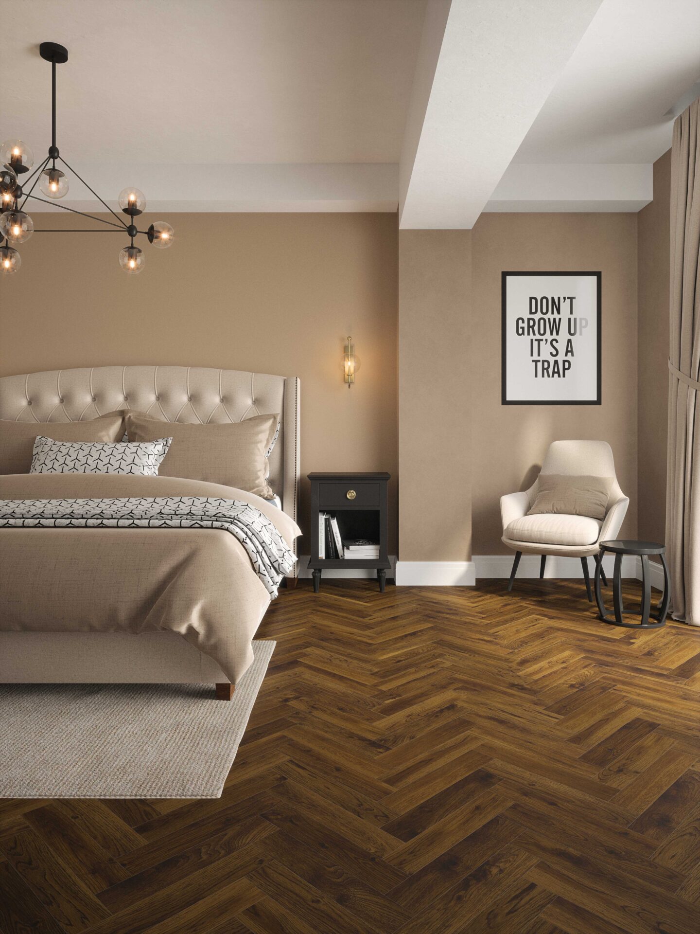 dark wooden herringbone floors in a bedroom