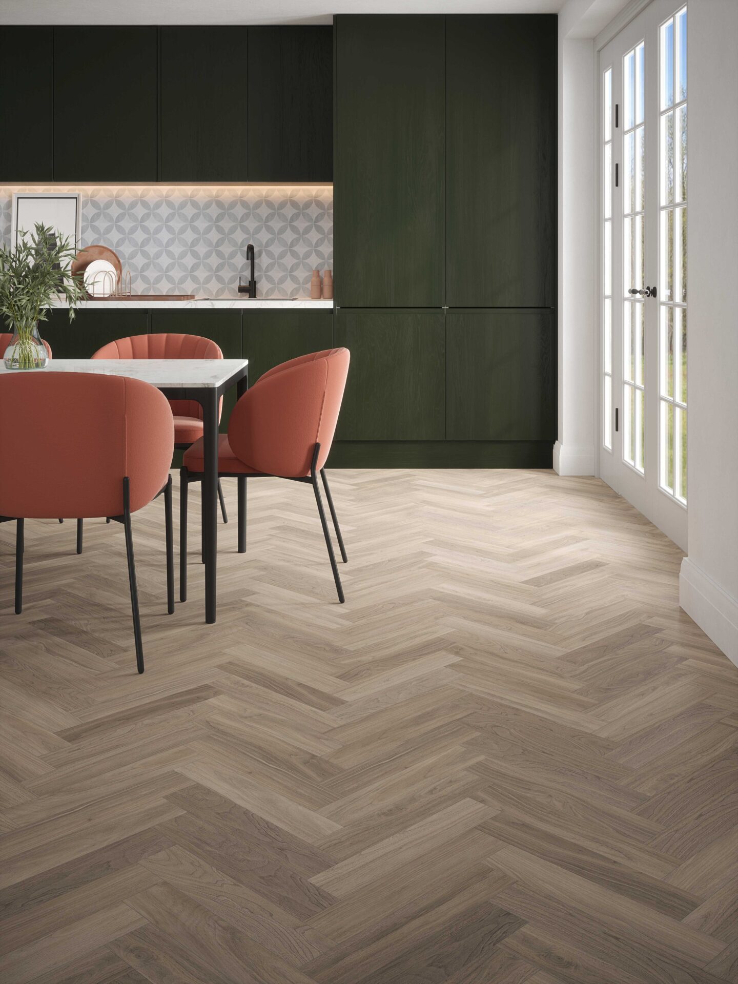 grey herringbone floor in a kitchen